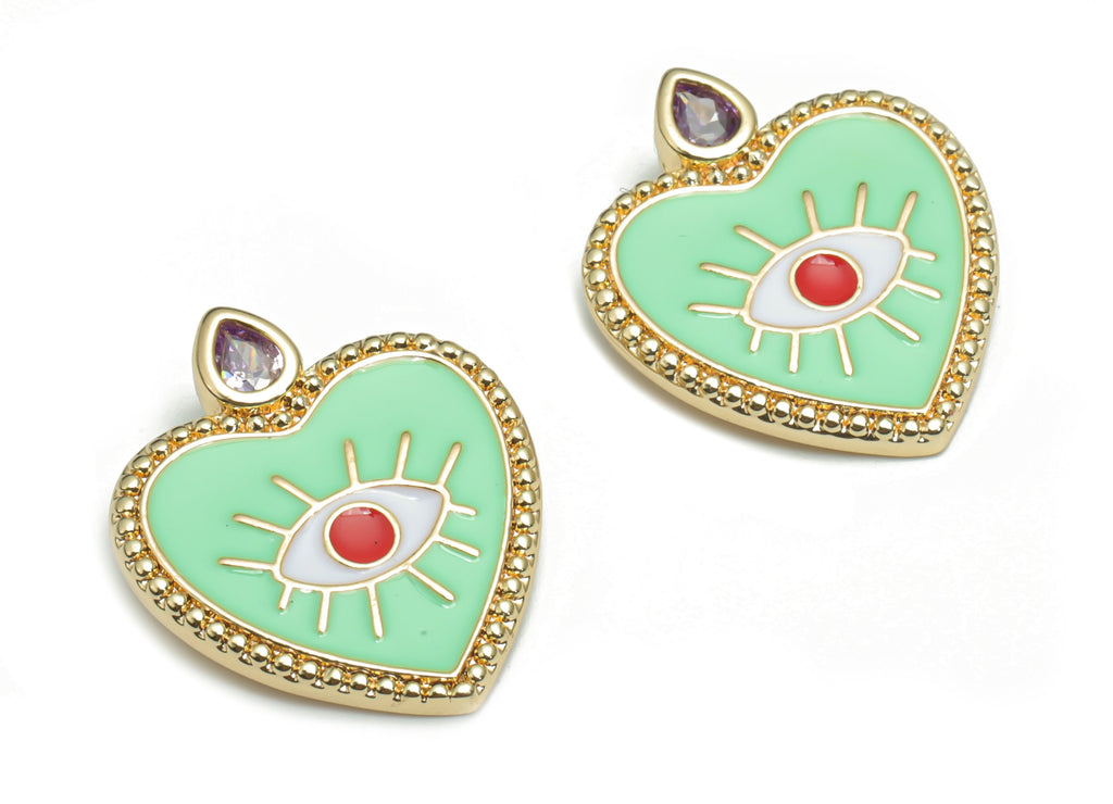 Brass Heart Eye Charms With Zincons - Enamel Eyelash Heart Pendant - 18K Real Gold Plated - Jewelry Supplies - 22.2x18.81x1.97mm - RGP4295D - DOMEDBAZAAR