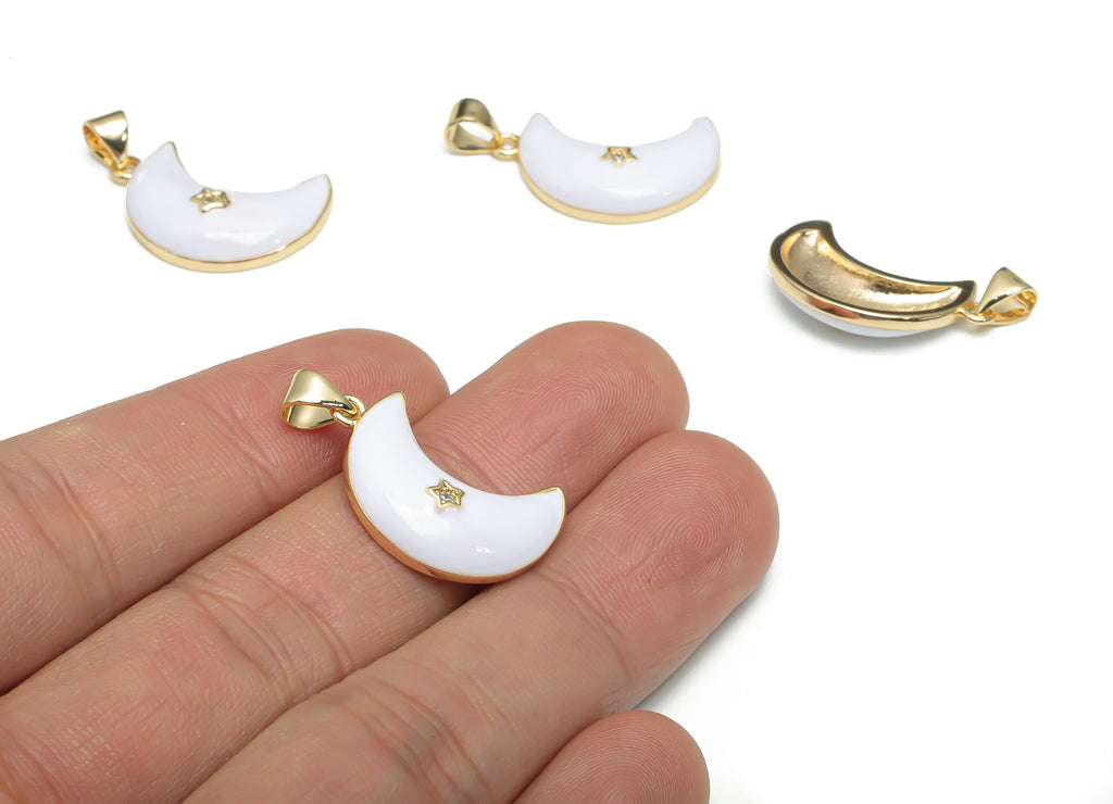 Brass Crescent Earring Charms With Zincons - Enamel Moon Star Pendant - 18K Real Gold Plated - Jewelry Supplies - 22.67x15.2x1.95mm-RGP4292A - DOMEDBAZAAR