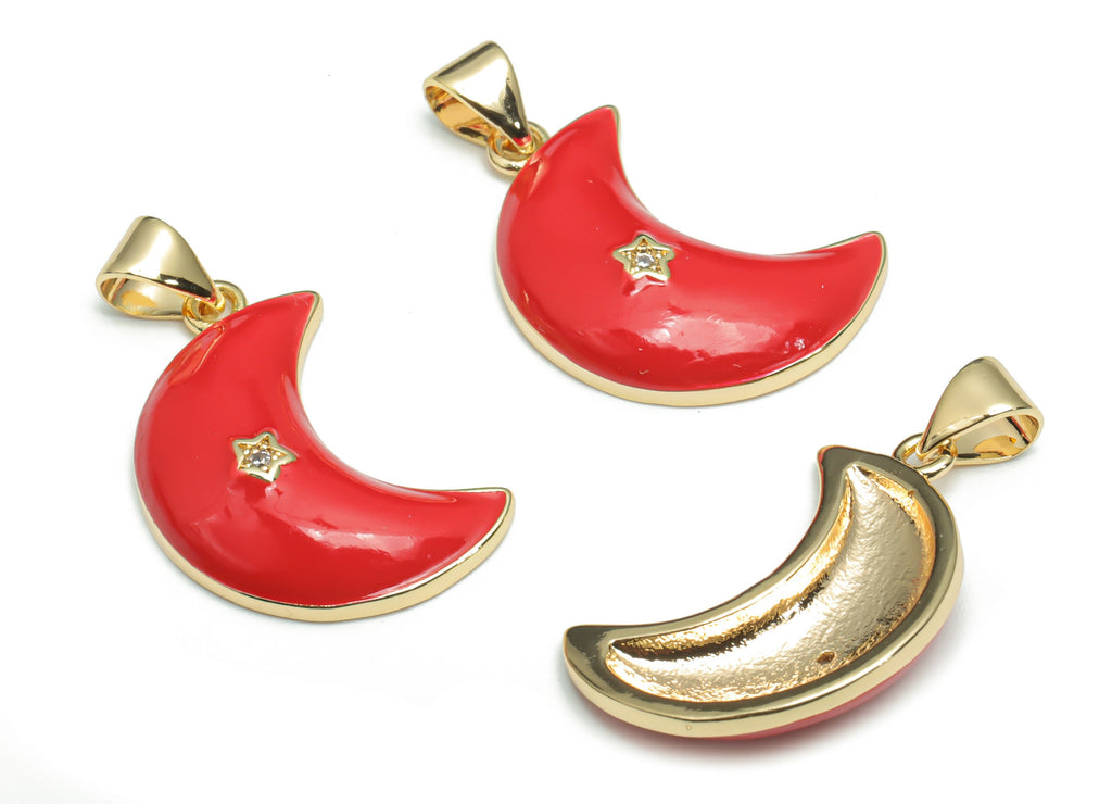 Brass Crescent Earring Charms With Zincons - Enamel Moon Star Pendant - 18K Real Gold Plated - Jewelry Supplies - 22.67x15.2x1.95mm-RGP4292B - DOMEDBAZAAR