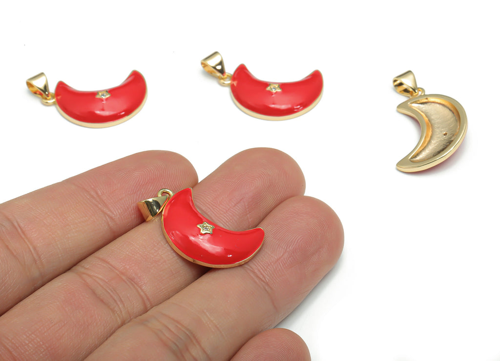 Brass Crescent Earring Charms With Zincons - Enamel Moon Star Pendant - 18K Real Gold Plated - Jewelry Supplies - 22.67x15.2x1.95mm-RGP4292B - DOMEDBAZAAR