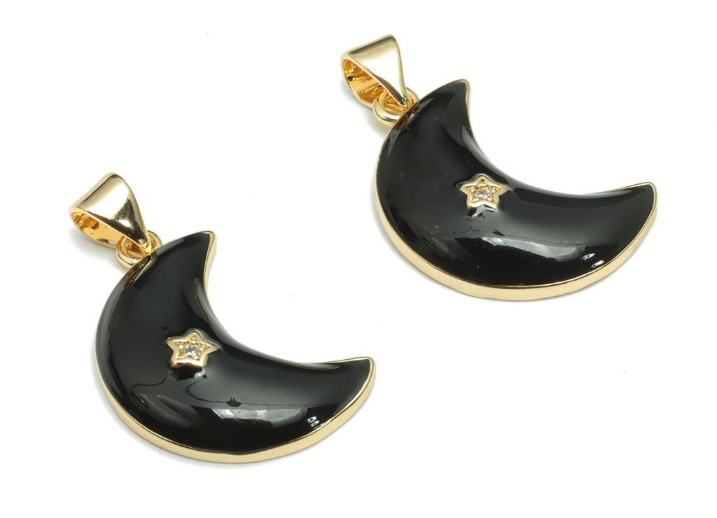 Brass Crescent Earring Charms With Zincons - Enamel Moon Star Pendant - 18K Real Gold Plated - Jewelry Supplies - 22.67x15.2x1.95mm-RGP4292C - DOMEDBAZAAR