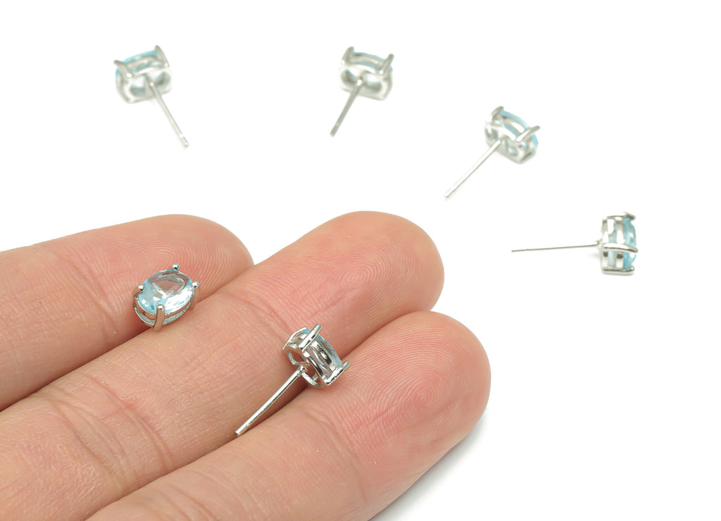 Sterling Silver Blue Topaz Stud Earrings - Oval Natural Stone Earring Post - 925 Silver Earrings - Minimalist Style - 7.2x5.22x4mm – SI1005A - DOMEDBAZAAR