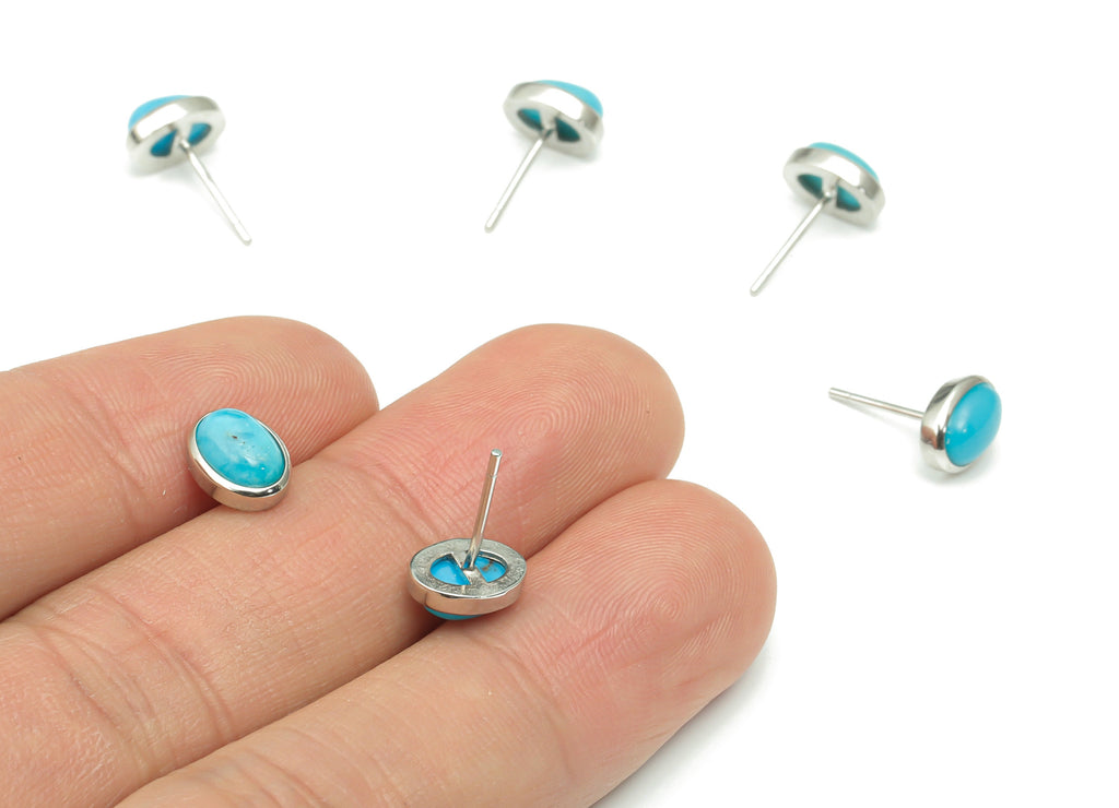 Sterling Silver Blue Turquoise Stud Earrings - Oval Natural Stone Post - 925 Silver Earrings - Minimalist Style - 8.62x6.71x3.85mm – SI1011 - DOMEDBAZAAR