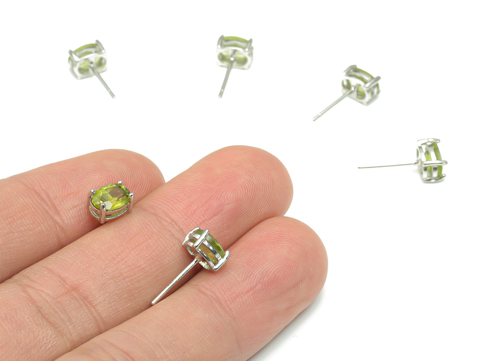 Sterling Silver Olivine Stud Earrings - Oval Natural Stone Earring Post - 925 Silver Earrings - Minimalist Style - 7.24x5.16x4.35mm– SI1005B - DOMEDBAZAAR
