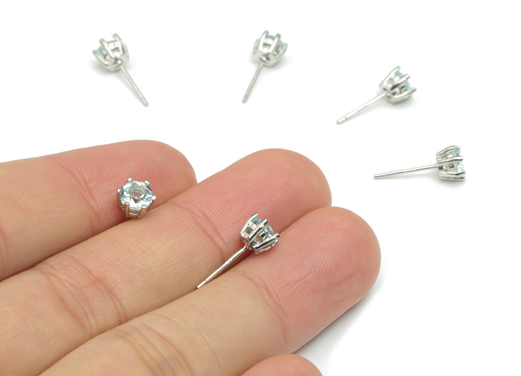 Sterling Silver Blue Topaz Stud Earrings - Mini Circle Natural Stone Post - 925 Silver Earrings - Minimalist Style - 5.5x5.5x4.4mm – SI1013A - DOMEDBAZAAR