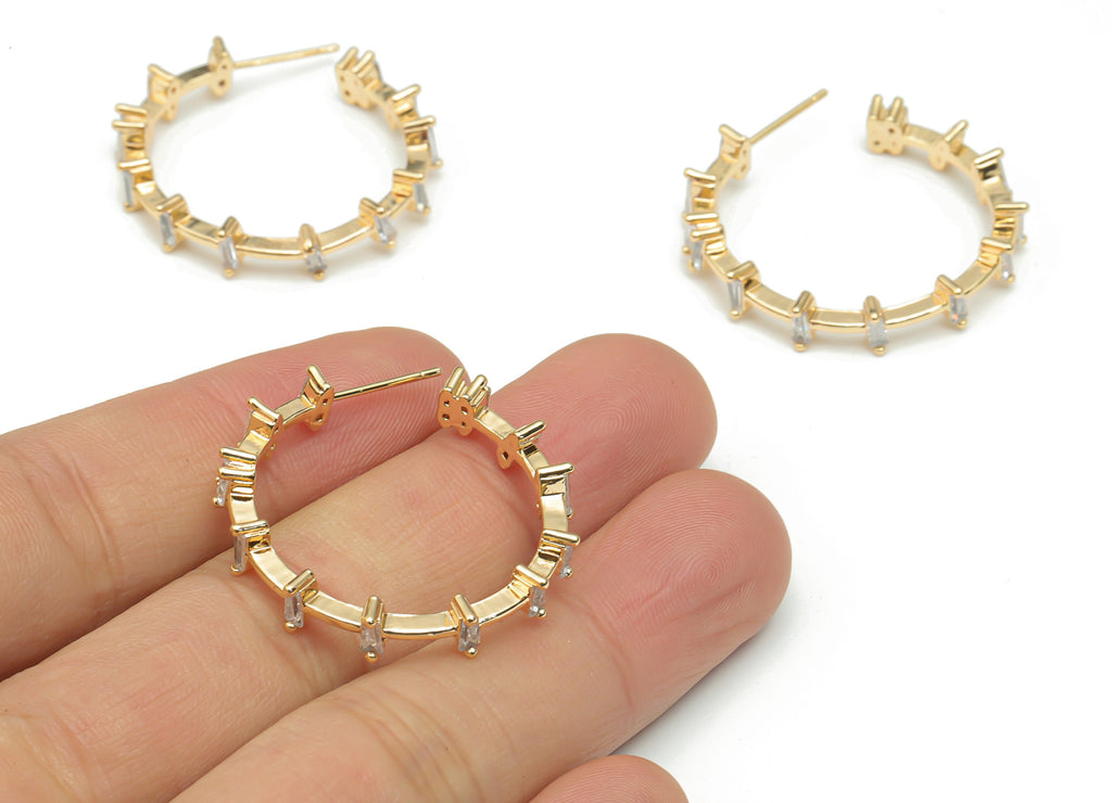 Brass C Hoop Earring Stud With Zincons - Gold C Chain Hoop Post - Stainless Steel Stud - 18k Real Gold Plated Brass - 30.6x30x3.5mm- RGP4347 - DOMEDBAZAAR