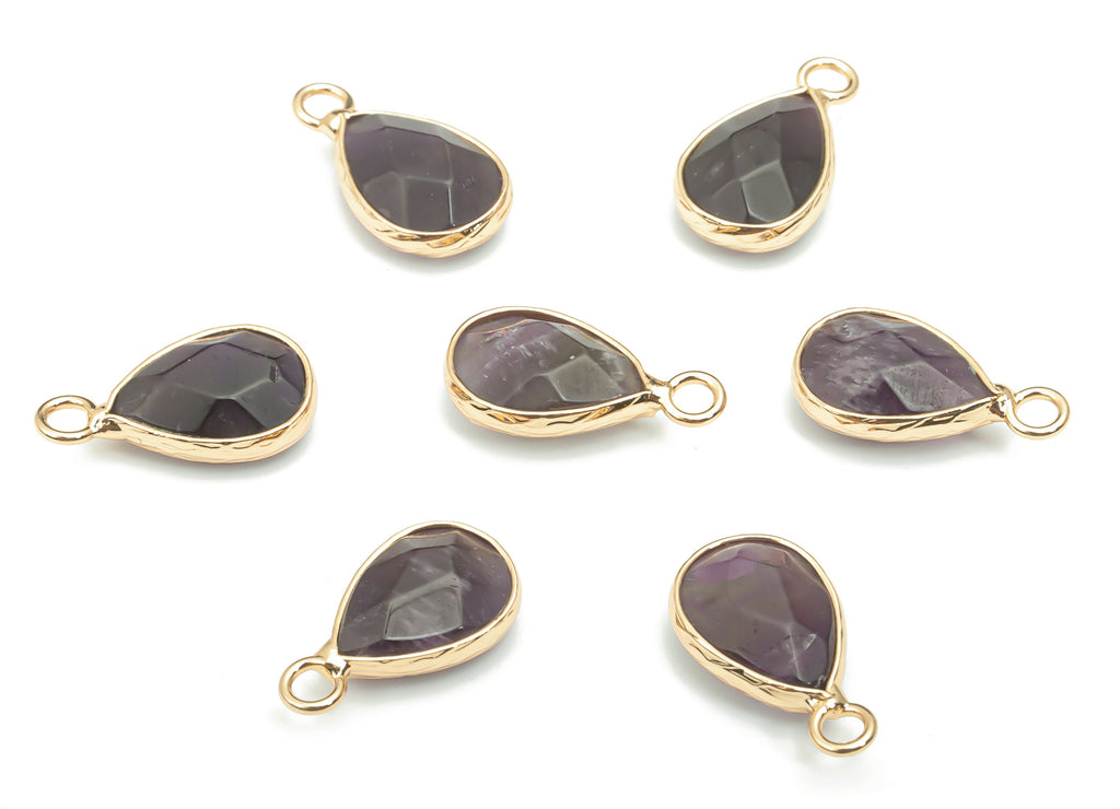 Amethyst Faceted Natural Stone Drop Charms - Brass Teardrop Pendant - Gold Tone Plated Brass – Jewelry Supplies - 17.83x9.45x4.98mm- NS1626H - DOMEDBAZAAR