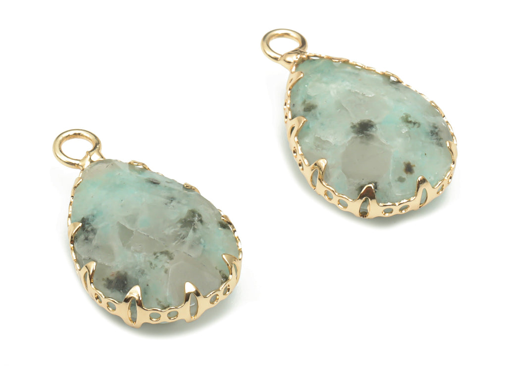 Kiwi Jasper Faceted Natural Stone Teardrop Charms - Brass Drop Pendant - Gold Tone Plated Brass – Jewelry Supplies - 23.1x13.9x5.6mm–NS1636H - DOMEDBAZAAR