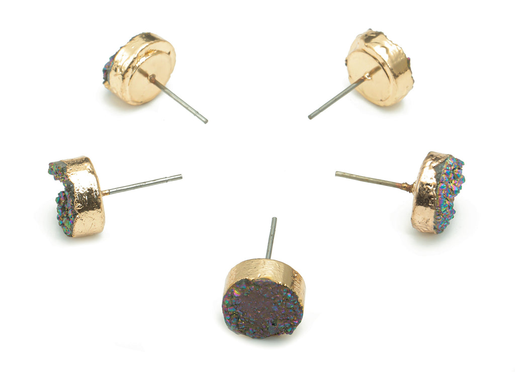 Silver Druzy Aura Quartz Natural Stone Stud - Brass Round Post - Gold Tone Plated Brass – Stainless Steel Stud - 10.14x10.14x5.9mm–NS1629E - DOMEDBAZAAR