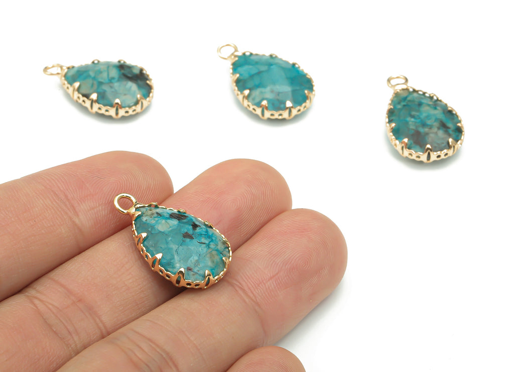 Blue Apatite Faceted Natural Stone Teardrop Charm - Brass Drop Pendant - Gold Tone Plated Brass – Jewelry Supplies - 23.1x13.9x5.6mm–NS1636J - DOMEDBAZAAR