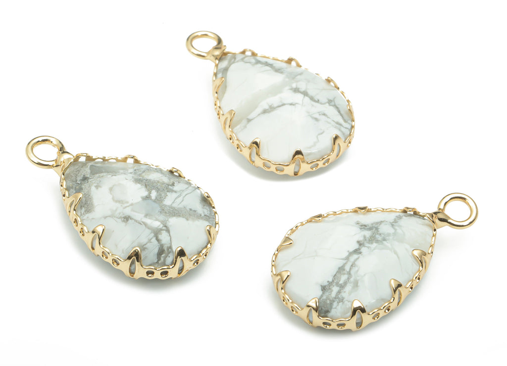 Howlite Faceted Natural Stone Teardrop Charms - Brass Drop Pendant - Gold Tone Plated Brass – Jewelry Supplies - 23.14x13.93x5.6mm – NS1636E - DOMEDBAZAAR