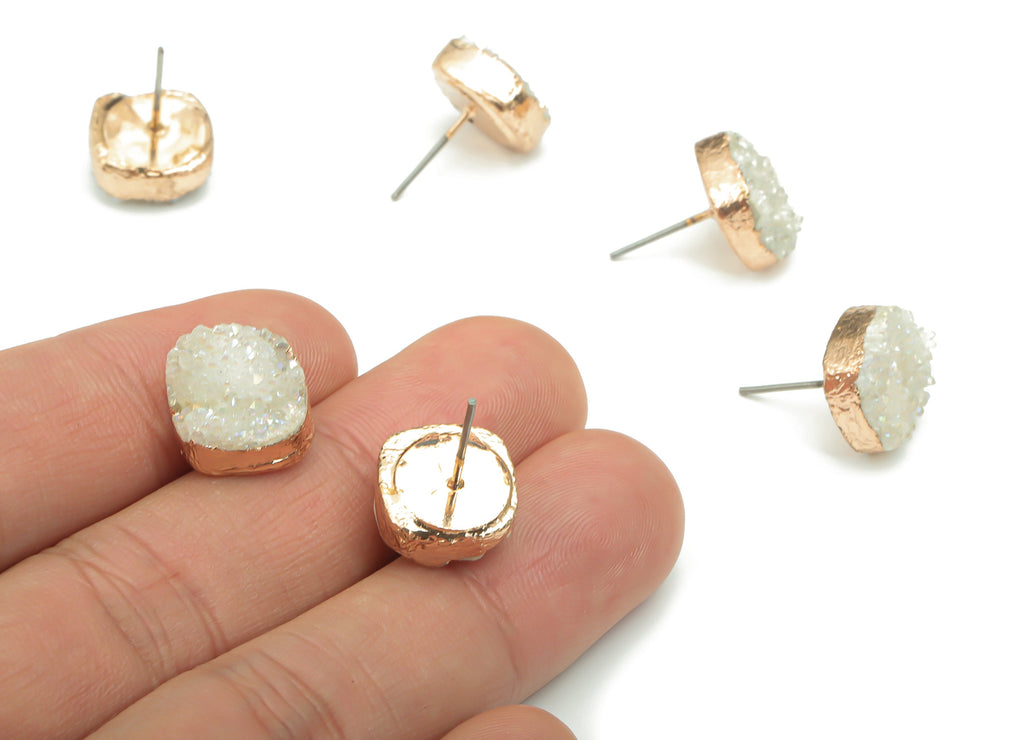 White Druzy Aura Quartz Natural Stone Stud - Brass Square Post - Gold Tone Plated Brass – Stainless Steel Stud - 12.53x12.4x6.2mm - NS1631 - DOMEDBAZAAR