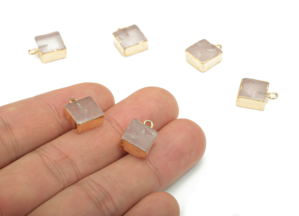 Rose Quartz Natural Stone Earring Charms - Brass Square Pendant - Gold Tone Plated Brass – Jewelry Supplies - 13.53x10.2x4.88mm – NS1634 - DOMEDBAZAAR