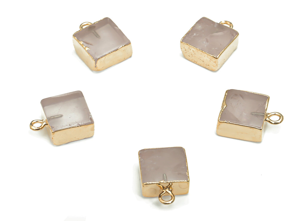 Rose Quartz Natural Stone Earring Charms - Brass Square Pendant - Gold Tone Plated Brass – Jewelry Supplies - 13.53x10.2x4.88mm – NS1634 - DOMEDBAZAAR