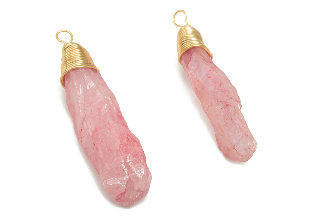 Pink Aura Quartz Stone Earring Charms - Brass Wire Wrapped Stone Pendant - Natural Stone - Gold Tone Plated Brass – 54.1x16.1x15.3mm– NS1649 - DOMEDBAZAAR