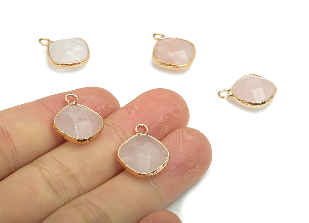 Rose Quartz Faceted Natural Stone Charms - Brass Diamond Pendant - Gold Tone Plated Brass – Jewelry Supplies - 19.3x15.34x6.28mm – NS1637A - DOMEDBAZAAR
