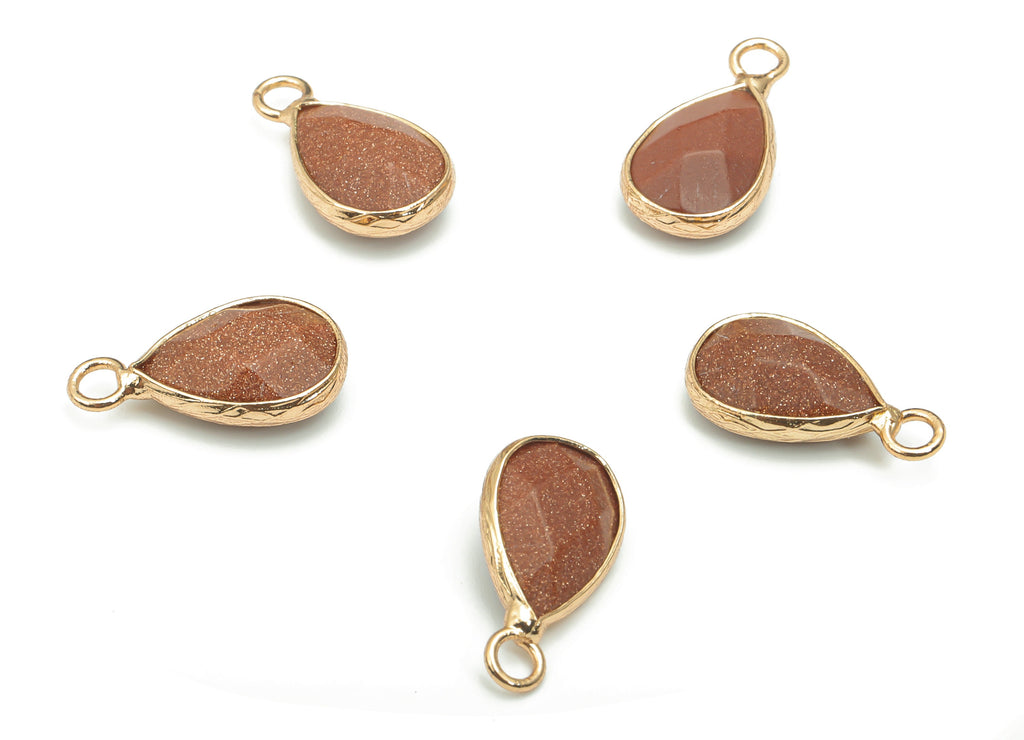Goldstone Faceted Natural Stone Drop Charms - Brass Teardrop Pendant - Gold Tone Plated Brass – Jewelry Supplies - 17.8x9.5x5mm – NS1626A - DOMEDBAZAAR