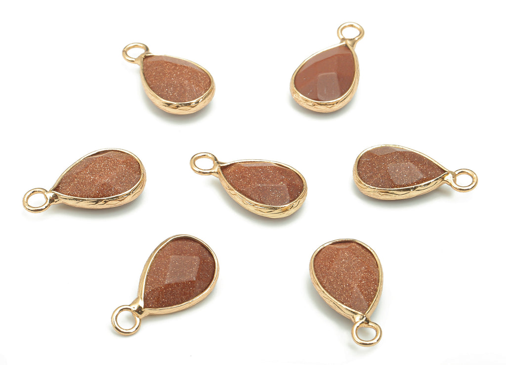 Goldstone Faceted Natural Stone Drop Charms - Brass Teardrop Pendant - Gold Tone Plated Brass – Jewelry Supplies - 17.8x9.5x5mm – NS1626A - DOMEDBAZAAR