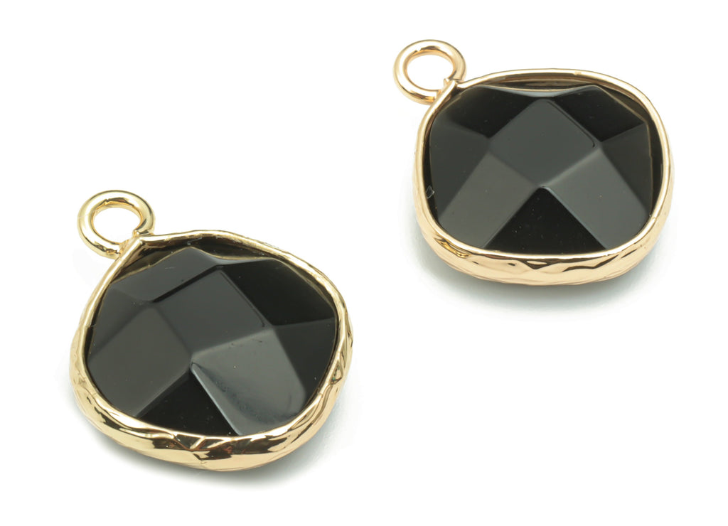 Obsidian Faceted Natural Stone Earring Charms - Brass Diamond Pendant - Gold Tone Plated Brass – Jewelry Supplies - 19.3x15.3x6.3mm– NS1637D - DOMEDBAZAAR