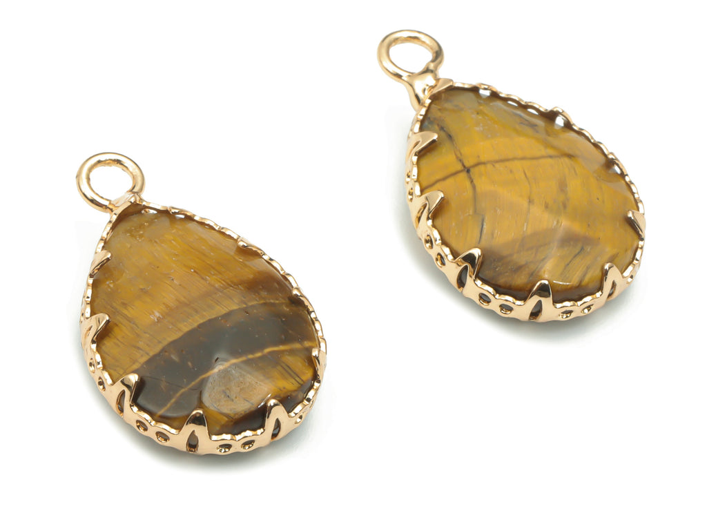 Tiger eye Faceted Natural Stone Teardrop Charms - Brass Drop Pendant - Gold Tone Plated Brass – Jewelry Supplies - 23.14x13.9x5.6mm– NS1636A - DOMEDBAZAAR