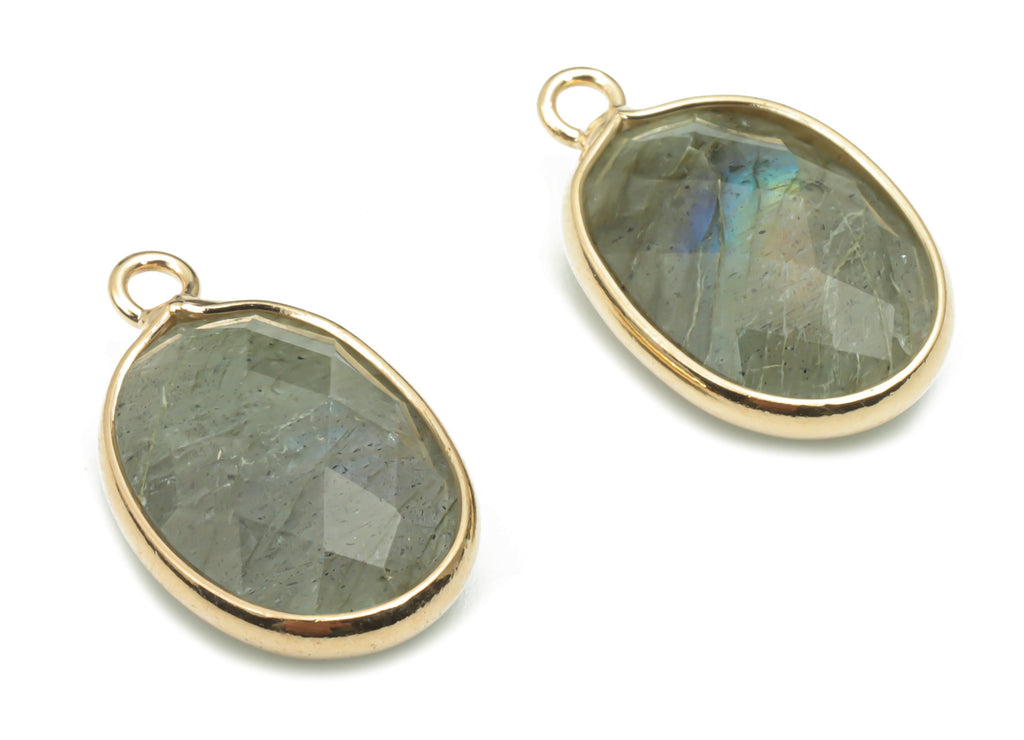 Labradorite Faceted Natural Stone Earring Charms - Brass Oval Pendant - Gold Tone Plated Brass – Jewelry Supplies - 18.03x11x5.2mm – NS1659B - DOMEDBAZAAR