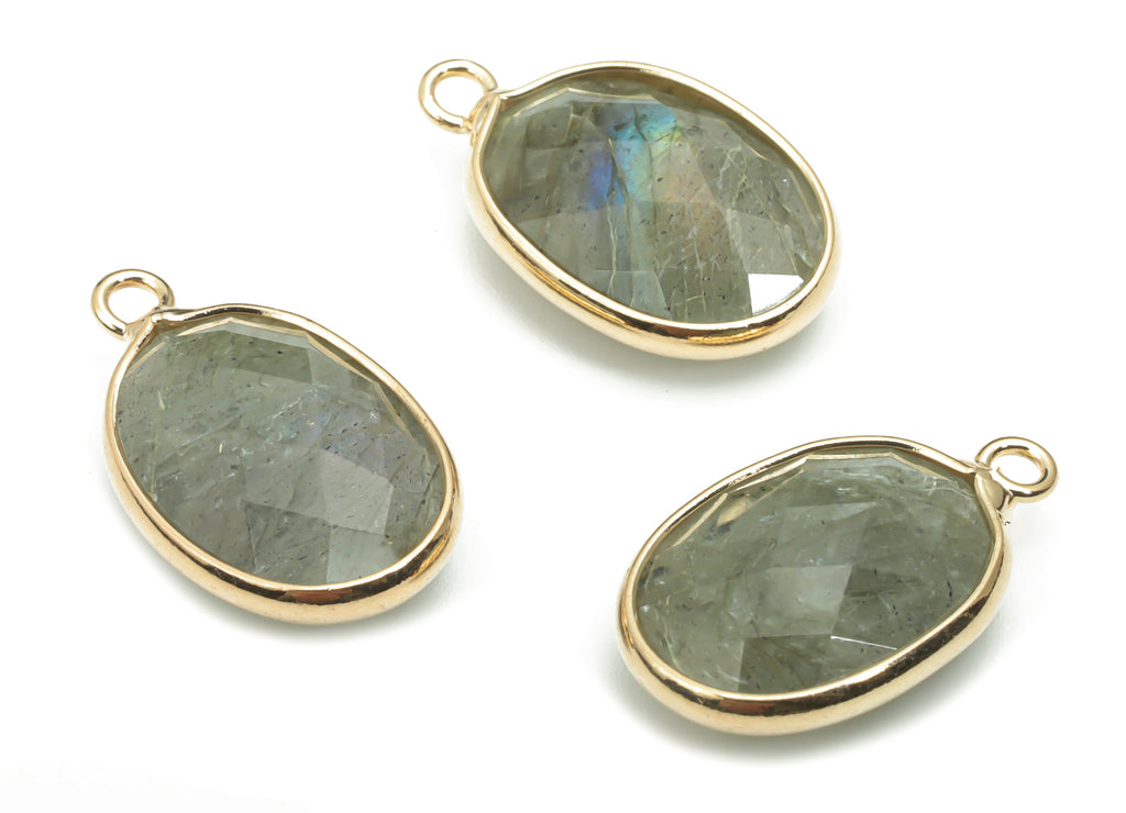 Labradorite Faceted Natural Stone Earring Charms - Brass Oval Pendant - Gold Tone Plated Brass – Jewelry Supplies - 18.03x11x5.2mm – NS1659B - DOMEDBAZAAR