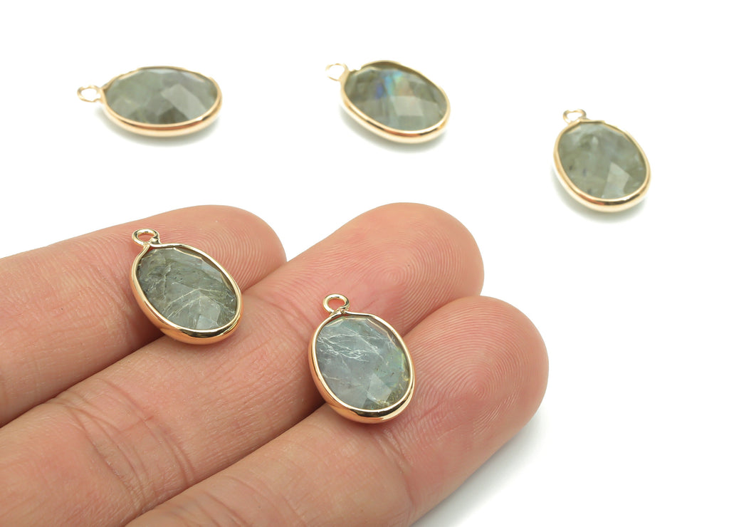 Labradorite Faceted Natural Stone Earring Charms - Brass Oval Pendant - Gold Tone Plated Brass – Jewelry Supplies - 18.03x11x5.2mm – NS1659B - DOMEDBAZAAR