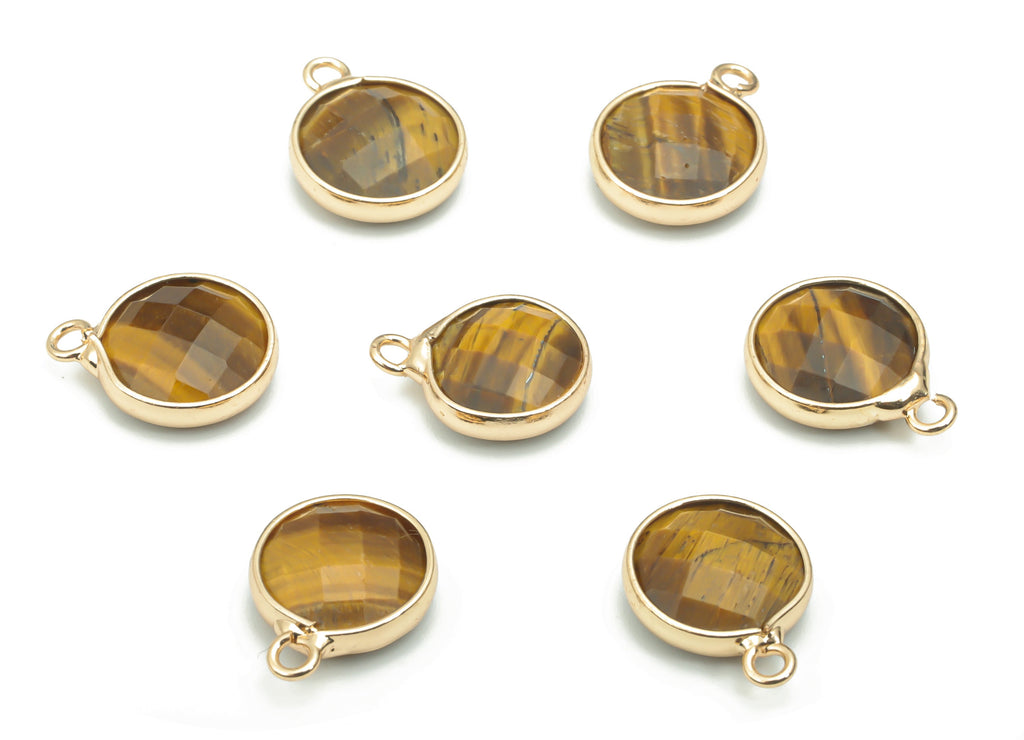 Tiger eye Faceted Natural Stone Round Charms - Brass Circle Pendant - Gold Tone Plated Brass – Jewelry Supplies - 14.3x10.99x4.3mm – NS1661B - DOMEDBAZAAR