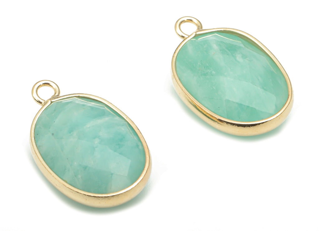 Amazonite Faceted Natural Stone Oval Charms - Brass Oval Pendant - Gold Tone Plated Brass – Jewelry Supplies - 18.07x11.09x5.61mm – NS1659A - DOMEDBAZAAR