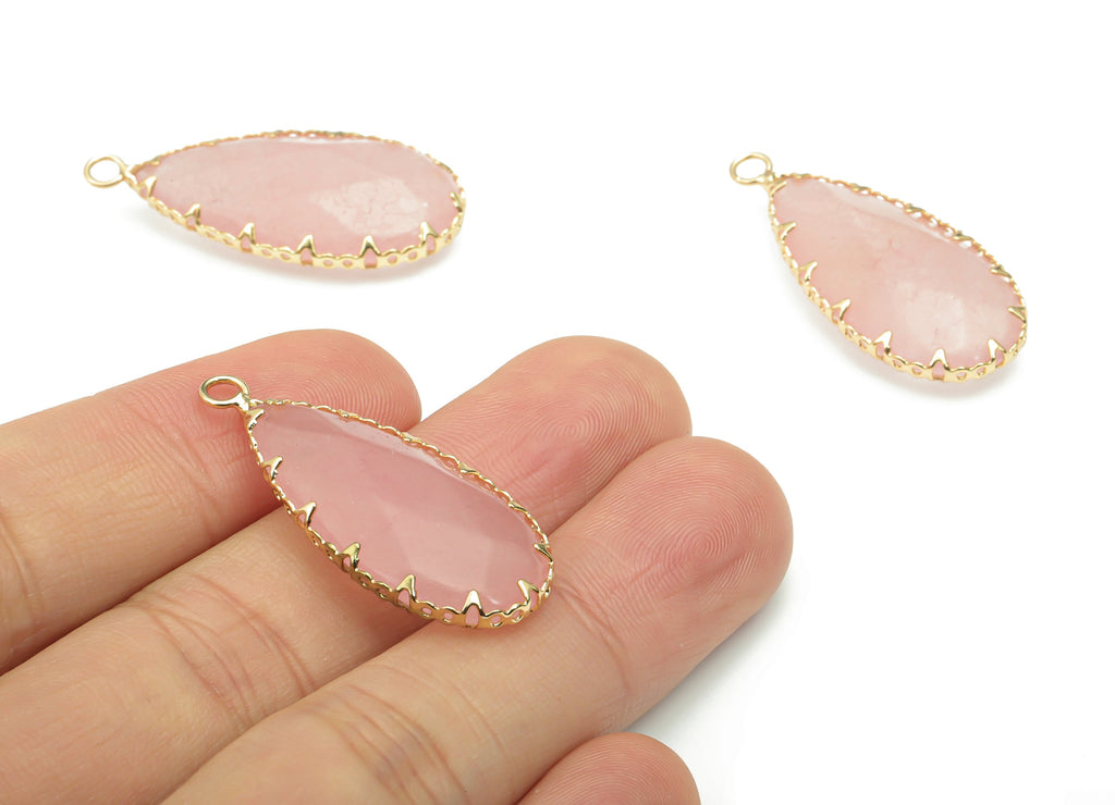 Rose Quartz Faceted Natural Stone Teardrop Charms - Brass Drop Pendant - Gold Tone Plated Brass – Jewelry Supplies - 35.06x16x6.5mm – NS1652 - DOMEDBAZAAR