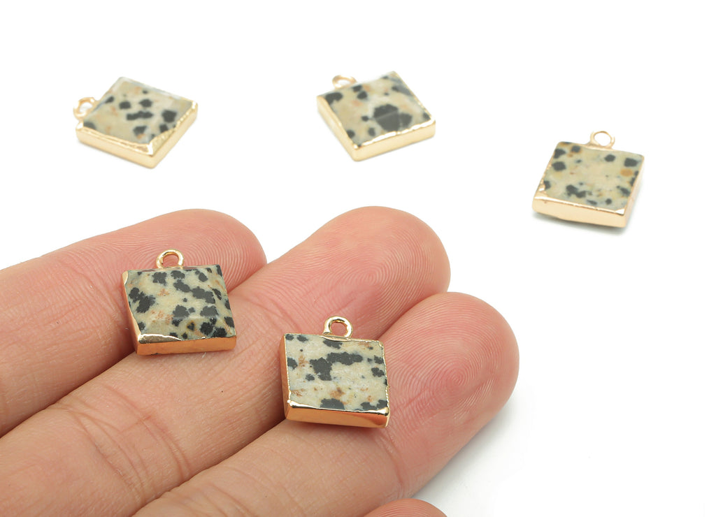 Dalmatian Jasper Natural Stone Square Charms - Brass Square Pendant - Gold Tone Plated Brass – Jewelry Supplies - 15.05x11.76x3.95mm–NS1641A - DOMEDBAZAAR