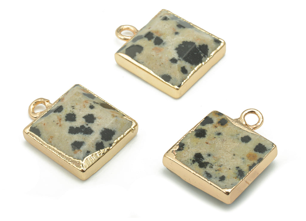 Dalmatian Jasper Natural Stone Square Charms - Brass Square Pendant - Gold Tone Plated Brass – Jewelry Supplies - 15.05x11.76x3.95mm–NS1641A - DOMEDBAZAAR