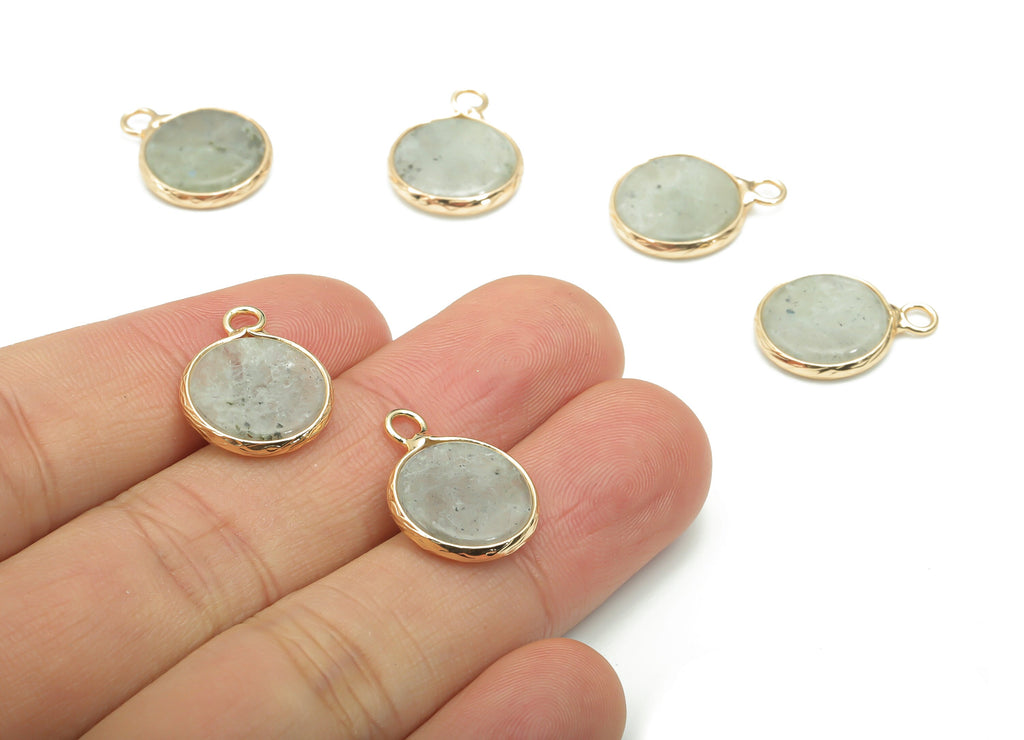 Labradorite Natural Stone Round Earring Charms - Brass Circle Pendant - Gold Tone Plated Brass – Jewelry Supplies - 18.4x13.8x2.4mm– NS1639A - DOMEDBAZAAR