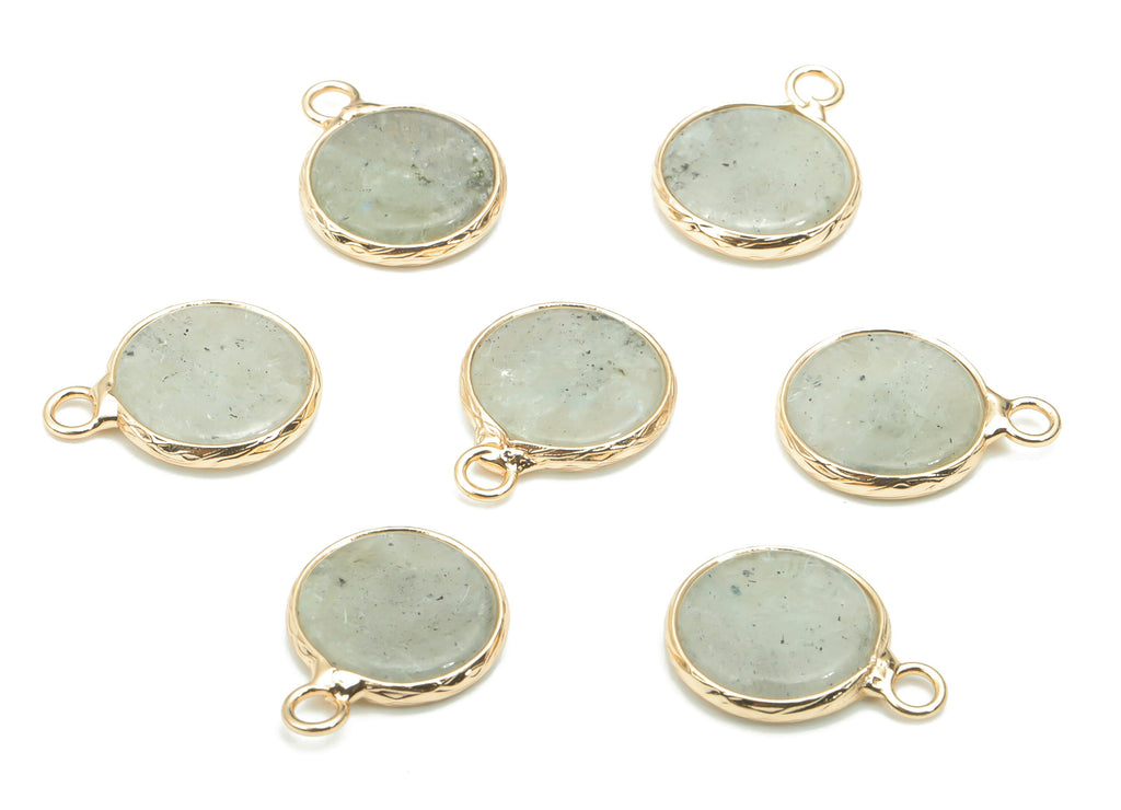 Labradorite Natural Stone Round Earring Charms - Brass Circle Pendant - Gold Tone Plated Brass – Jewelry Supplies - 18.4x13.8x2.4mm– NS1639A - DOMEDBAZAAR