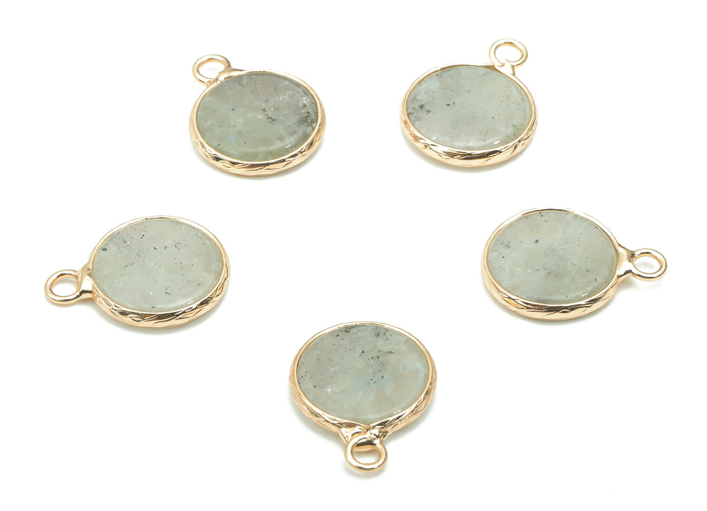 Labradorite Natural Stone Round Earring Charms - Brass Circle Pendant - Gold Tone Plated Brass – Jewelry Supplies - 18.4x13.8x2.4mm– NS1639A - DOMEDBAZAAR