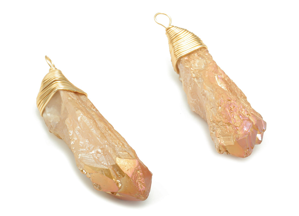 Aura Quartz Natural Stone Earring Charms - Brass Wire Wrapped Stone Pendant - Gold Tone Plated Brass – 51.86x17.36x13.01mm – NS1648 - DOMEDBAZAAR