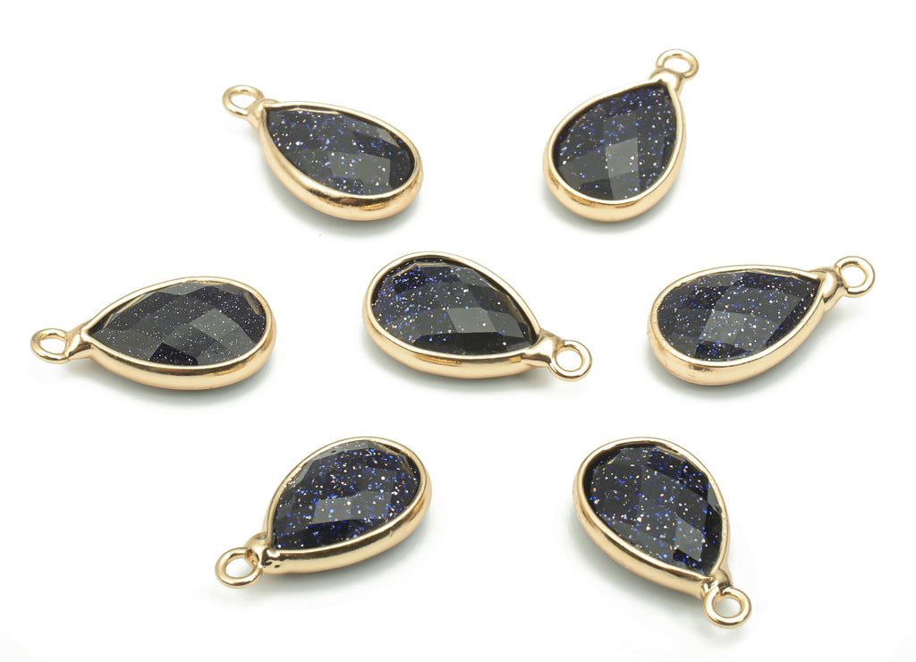 Blue Goldstone Faceted Natural Stone Teardrop Earring Charms - Brass Drop Pendant - Gold Tone Plated Brass – 16.54x9.26x4.3mm – NS1660A - DOMEDBAZAAR