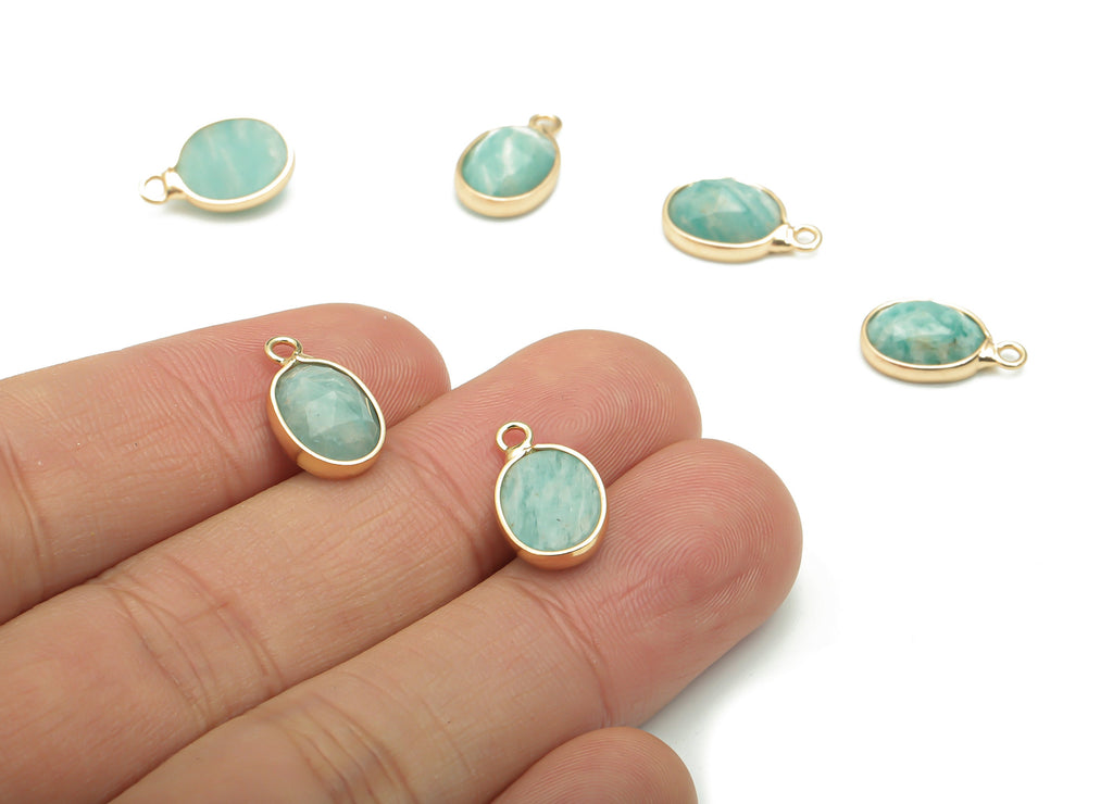 Amazonite Faceted Natural Stone Oval Charms - Brass Oval Pendant - Gold Tone Plated Brass – Jewelry Supplies - 14.36x8.85x4.39mm – NS1663 - DOMEDBAZAAR