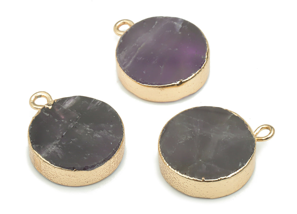 Amethyst Natural Stone Circle Earring Charms - Brass Round Pendant - Gold Tone Plated Brass – Jewelry Supplies - 19.7x15.7x4.7mm – NS1633A - DOMEDBAZAAR