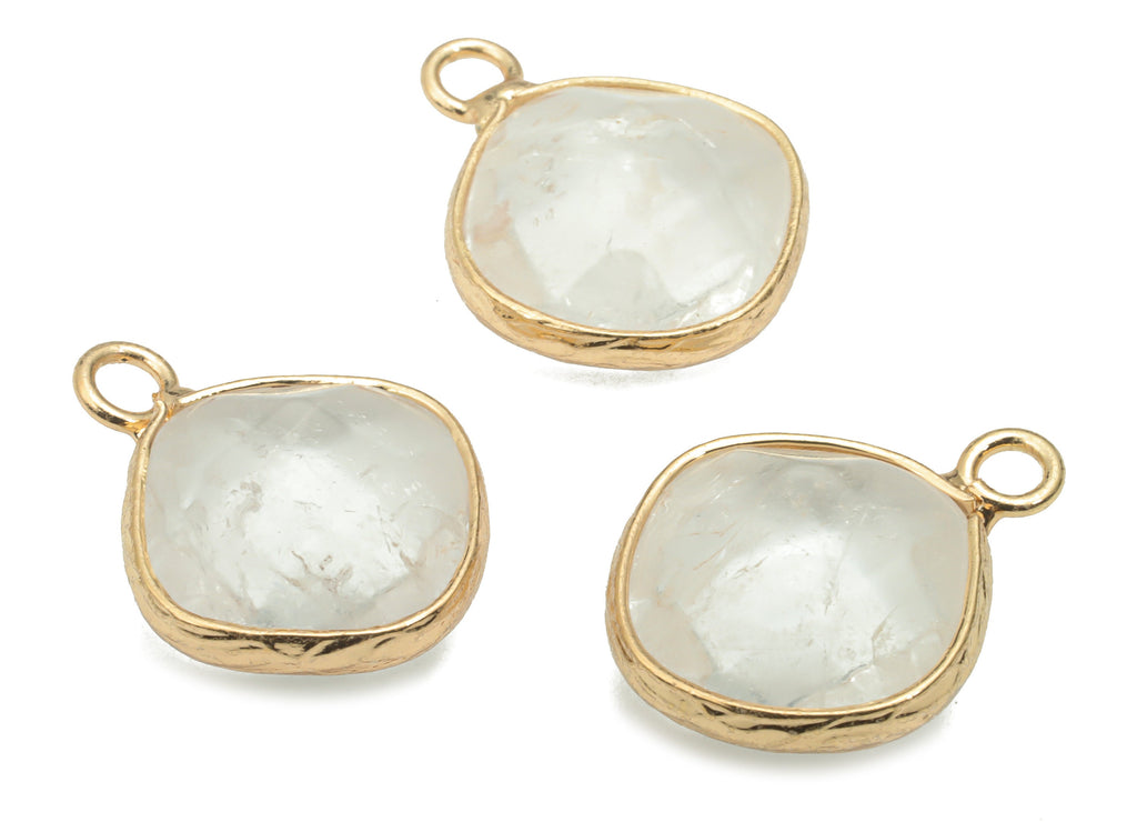 Clear Quartz Faceted Natural Stone Square Earring Charms - Brass Diamond Pendant - Gold Tone Plated Brass – 19.3x15.34x6.28mm – NS1637B - DOMEDBAZAAR