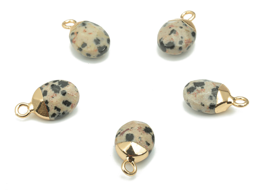 Dalmatian Jasper Natural Stone Earring Charms - Brass Oval Pendant - Gold Tone Plated Brass – Jewelry Supplies - 13.85x8.12x5.6mm – NS1644 - DOMEDBAZAAR