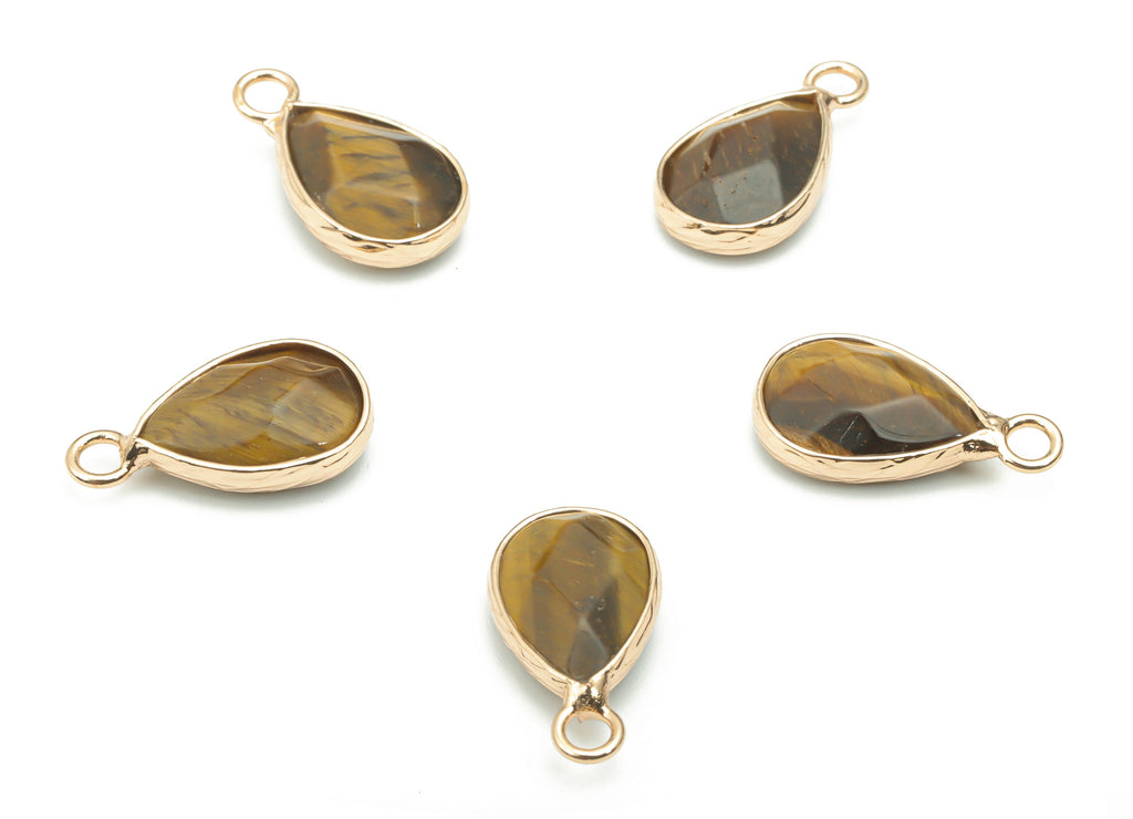 Tiger eye Faceted Natural Stone Drop Charms - Brass Teardrop Pendant - Gold Tone Plated Brass – Jewelry Supplies - 17.83x9.45x5mm– NS1626B - DOMEDBAZAAR