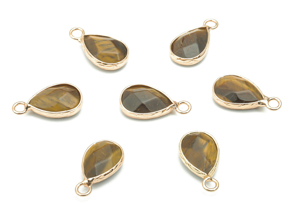 Tiger eye Faceted Natural Stone Drop Charms - Brass Teardrop Pendant - Gold Tone Plated Brass – Jewelry Supplies - 17.83x9.45x5mm– NS1626B - DOMEDBAZAAR