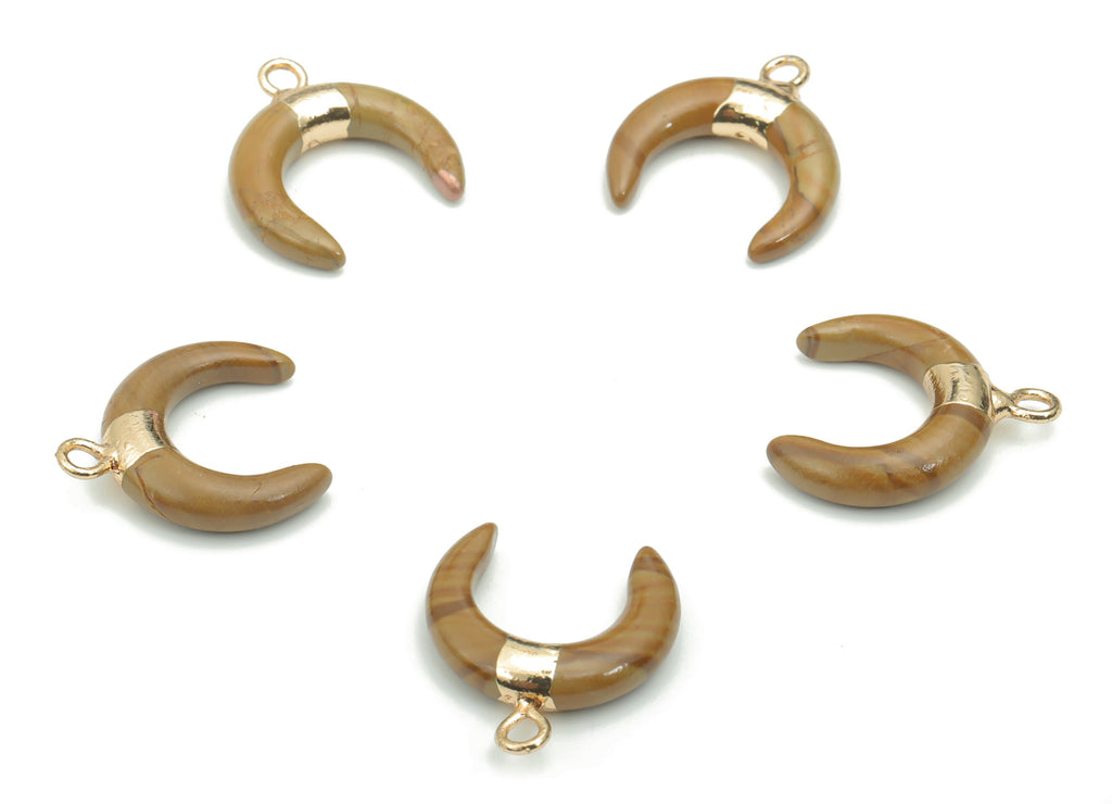 Picture Jasper Natural Stone Ox Horn Charms - Brass Crescent Pendant - Gold Tone Plated Brass – Jewelry Supplies - 16.9x14.8x3.8mm – NS1628F - DOMEDBAZAAR