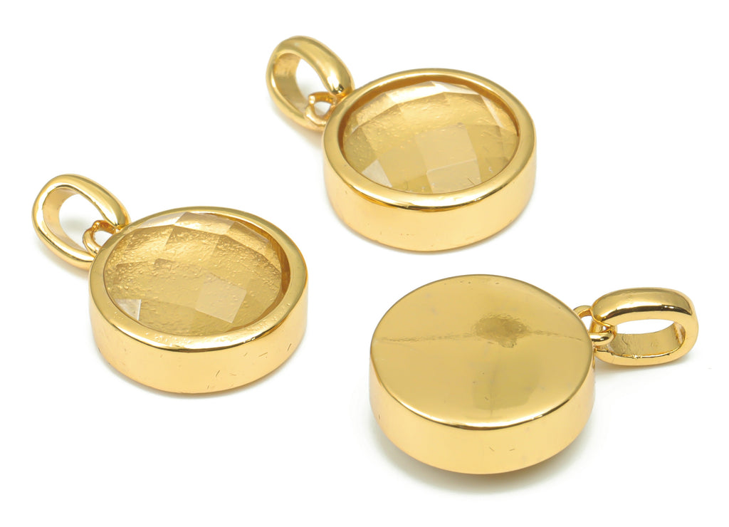 Lemon Quartz Natural Stone Faceted Round Charms With Loop - Brass Circle Pendant - Gold Tone Plated Brass – 20.07x12.71x5.9mm – NS1666G - DOMEDBAZAAR