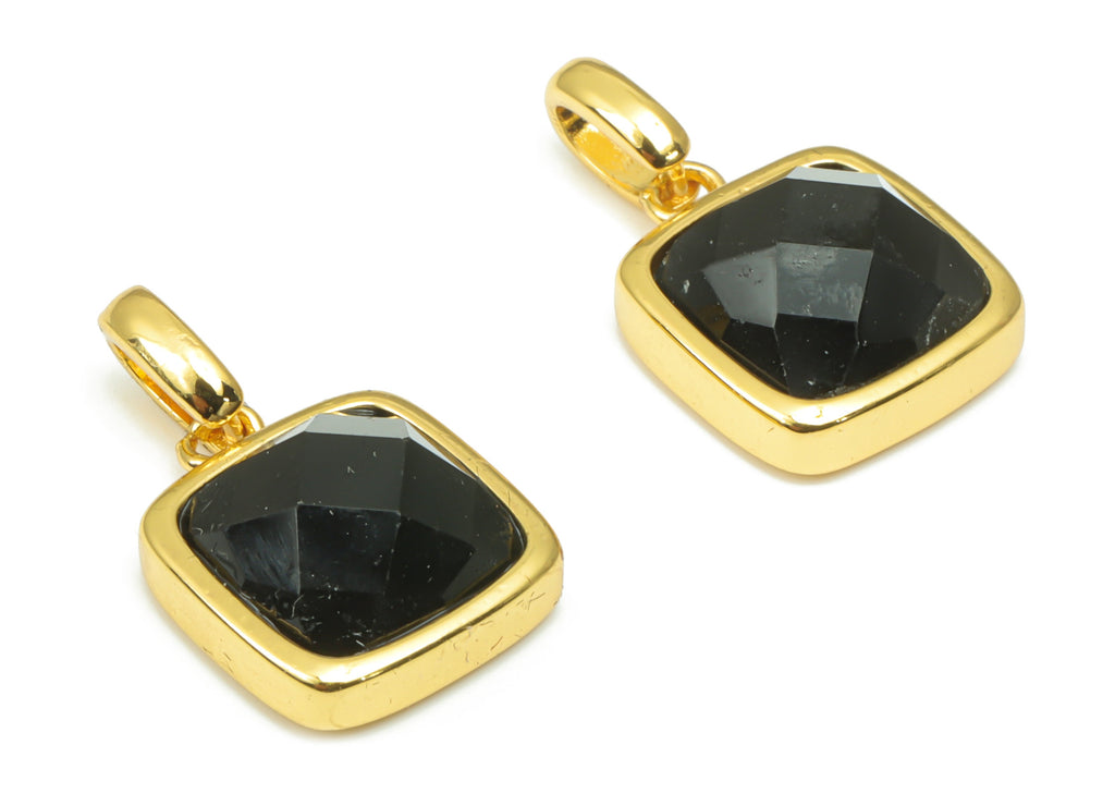 Obsidian Faceted Square Earring Charms - 11mm Natural Stone - Brass Square Pendant - Gold Tone Plated Brass – 18.84x11.65x5.75mm – NS1672C - DOMEDBAZAAR