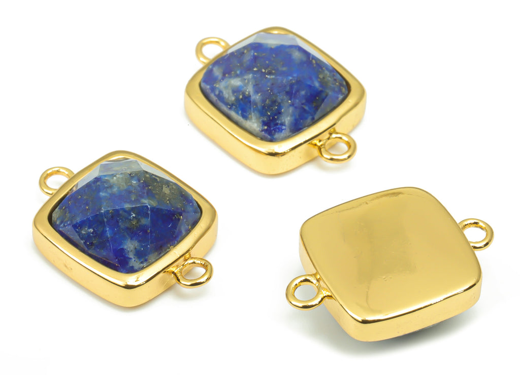 Lapis Lazuli Faceted Square Earring Connectors - 11mm Natural Stone - Brass Square Charms - Gold Tone Plated Brass – 16.5x11.4x5.9mm–NS1673A - DOMEDBAZAAR