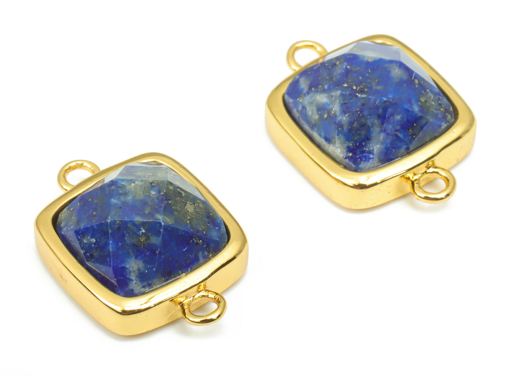 Lapis Lazuli Faceted Square Earring Connectors - 11mm Natural Stone - Brass Square Charms - Gold Tone Plated Brass – 16.5x11.4x5.9mm–NS1673A - DOMEDBAZAAR