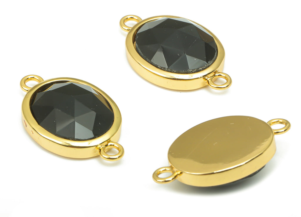 Obsidian Faceted Oval Earring Connectors - 10x12mm Natural Stone - Brass Oval Charms - Gold Tone Plated Brass – 18.15x10.95x4.7mm– NS1671C - DOMEDBAZAAR