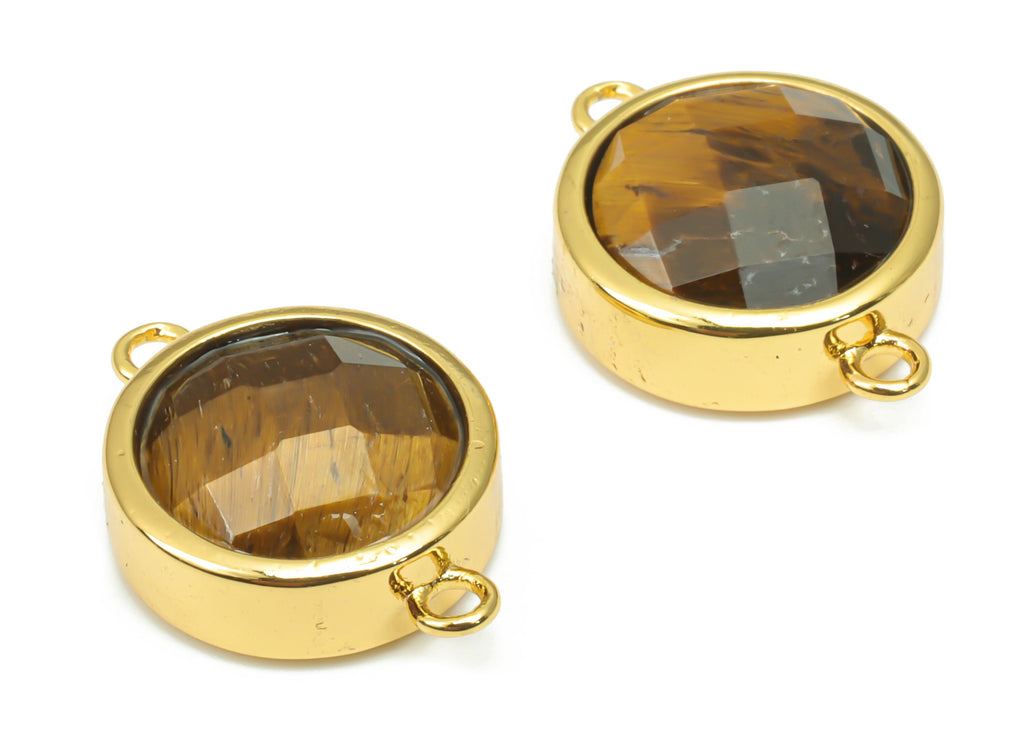 Tiger&#39;s-eye Faceted Round Connectors - 10mm Natural Stone - Brass Circle Charms - Gold Tone Plated Brass – 17.68x12.83x6.04mm – NS1667F - DOMEDBAZAAR